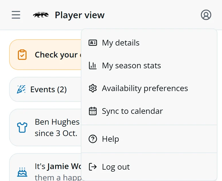 The account menu: My details, My season stats, Availability preferences, Sync to calendar, Help and Log out