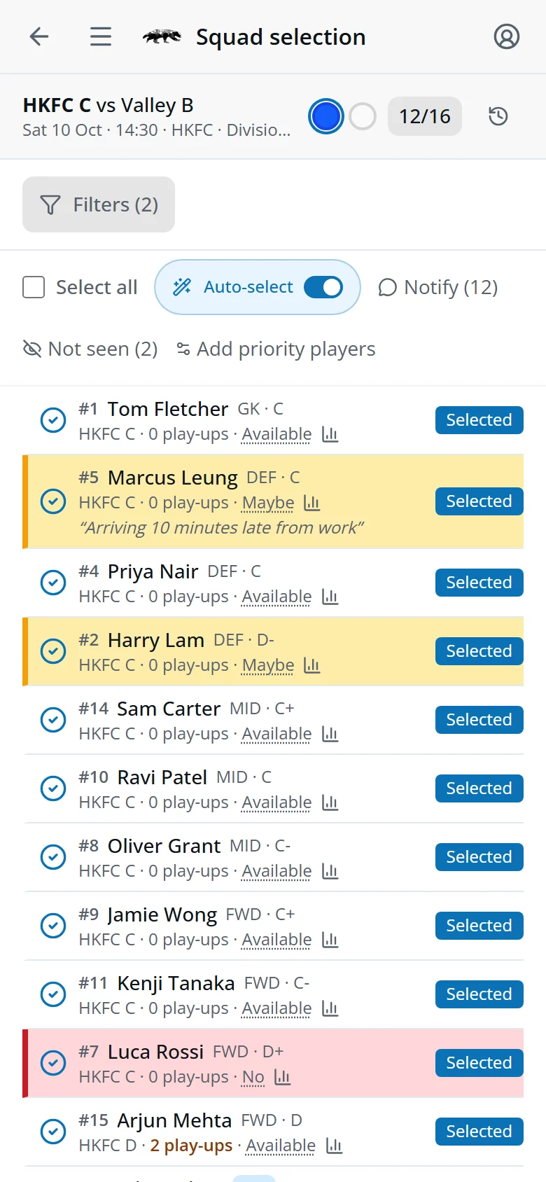 Auto-select turned on, with Add priority players below it