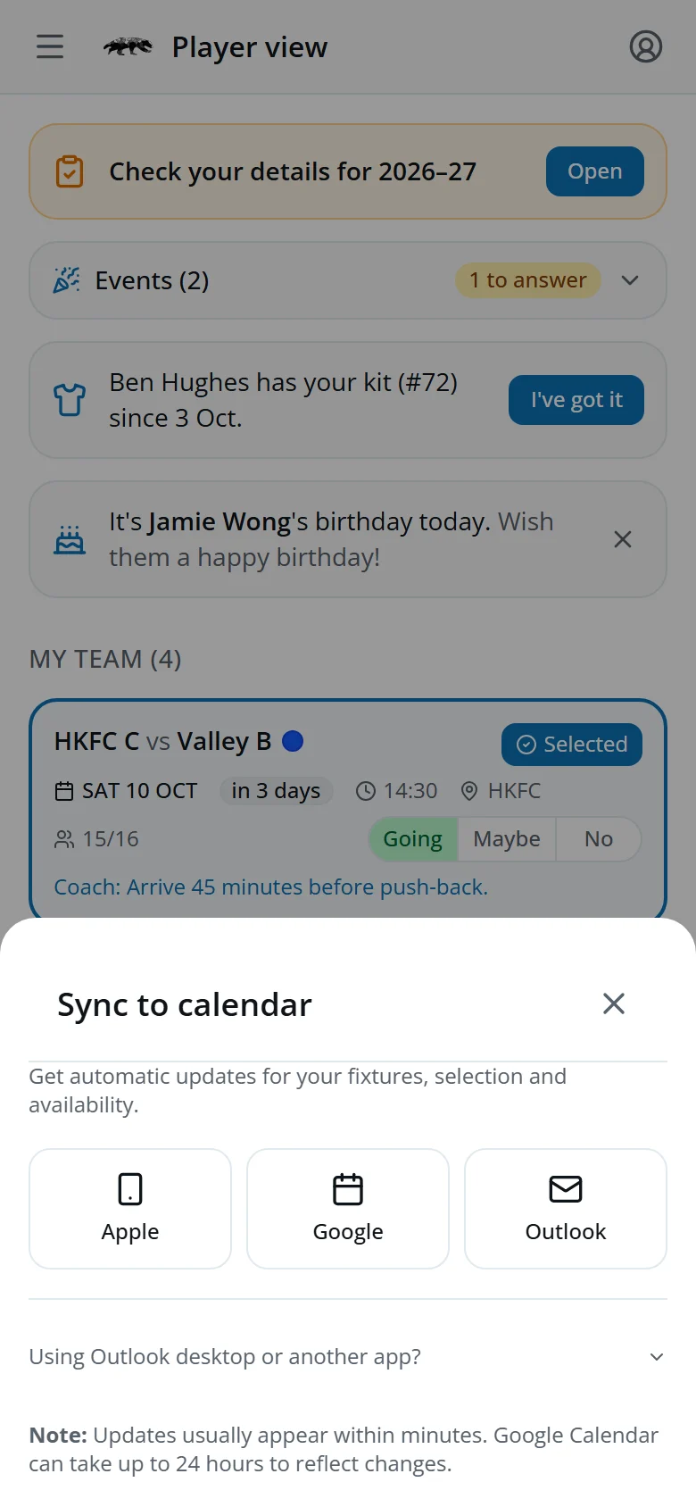 The Sync to Calendar sheet with Apple, Google and Outlook buttons