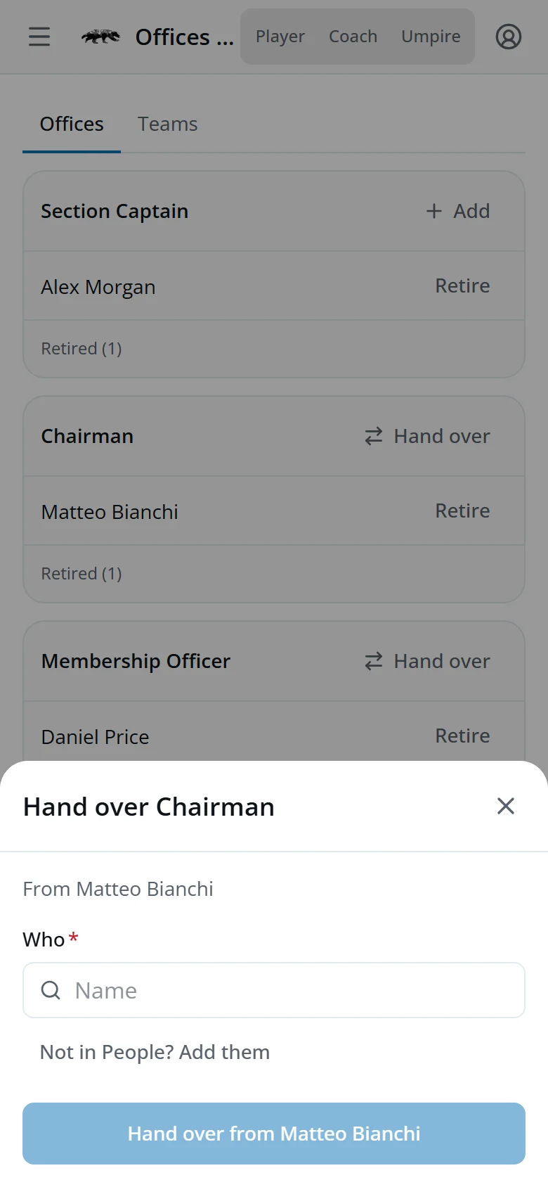 The Hand over Chairman sheet, from Matteo Bianchi, with a name search