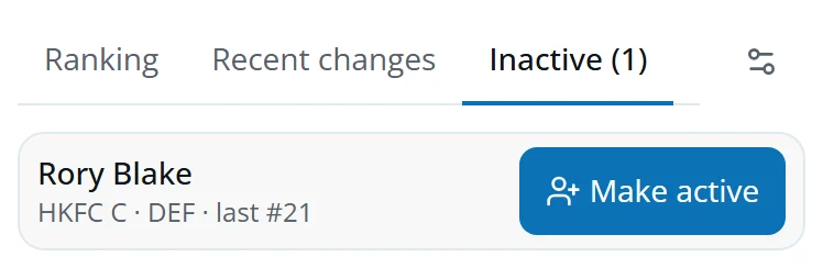 The Inactive tab in Ranking: one player with a Make active button