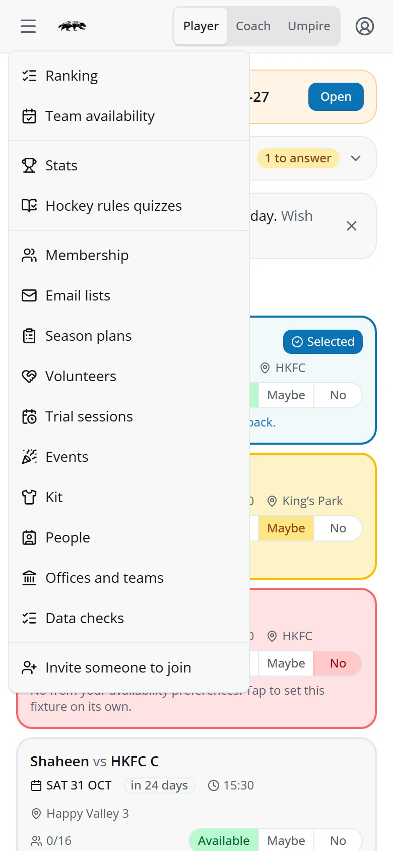 The menu open from the top left: Ranking, Team availability, Stats, quizzes, then Membership, Email lists, Season plans, Volunteers, Trial sessions, Events, Kit, People, Offices and teams and Data checks