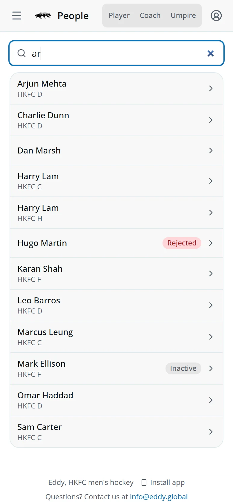 People searched for “ar”: a list of names with teams, one Rejected and one Inactive
