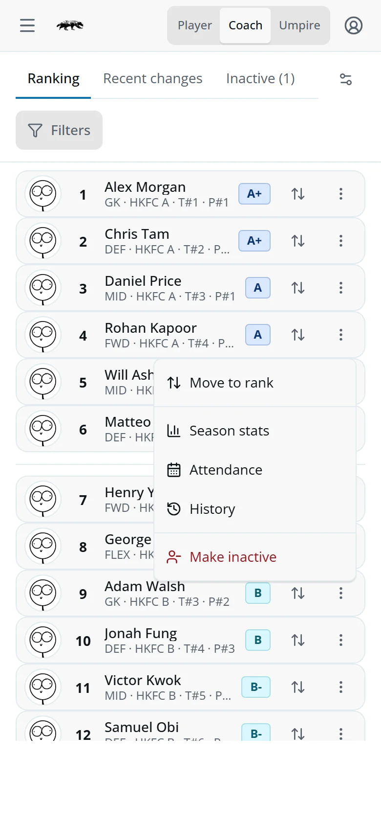 The ranking with a row's menu open: Move to rank, Season stats, Attendance, History and Make inactive