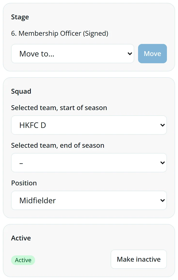 The Stage, Squad and Active blocks: selected team D, position Midfielder, and a Make inactive button