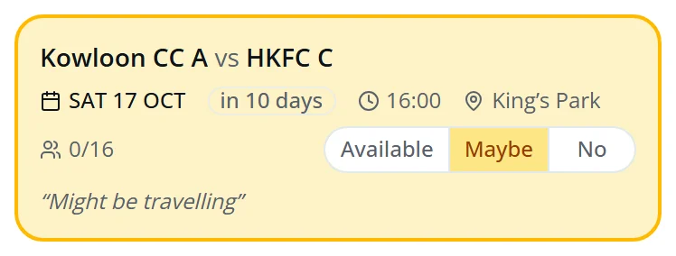 A yellow Maybe fixture card with the note Might be travelling