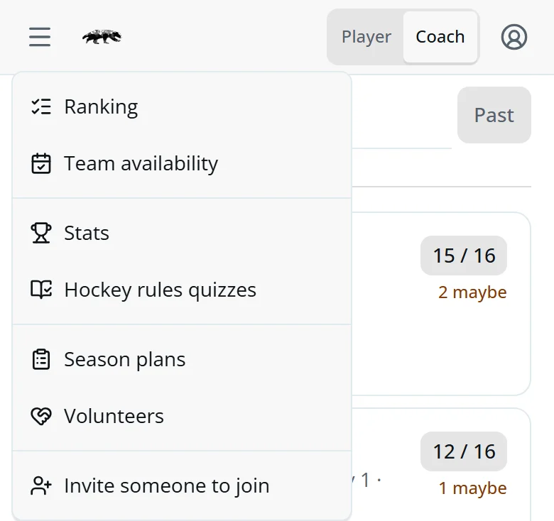 The coach menu: Ranking, Team availability, Stats, Hockey Rules quizzes, Season plans, Volunteers and Invite someone to join