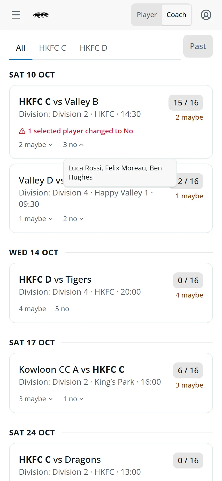 The coach dashboard with fixtures grouped by date; tapping 3 no lists the players