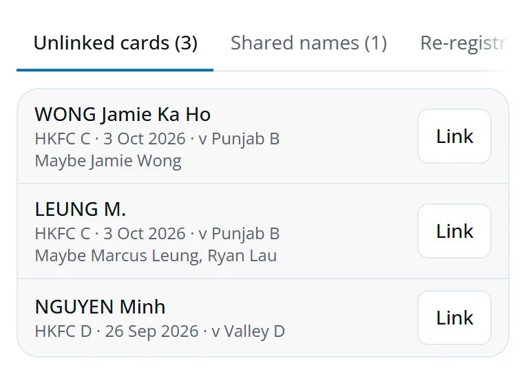 Data checks: three unlinked match cards, two with a Maybe suggestion, each with Link