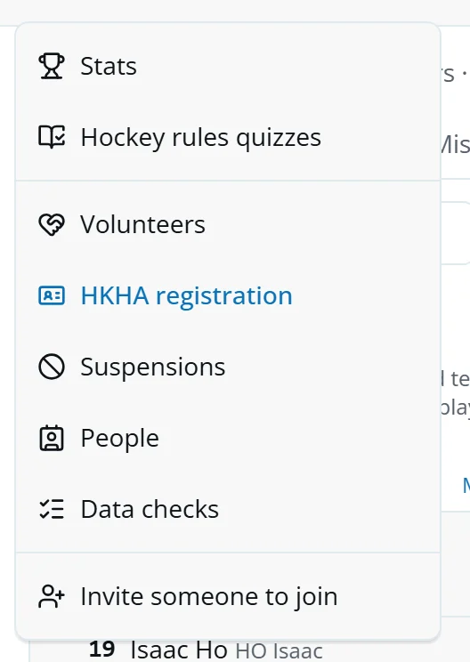 The menu open with HKHA registration, Suspensions, People and Data checks