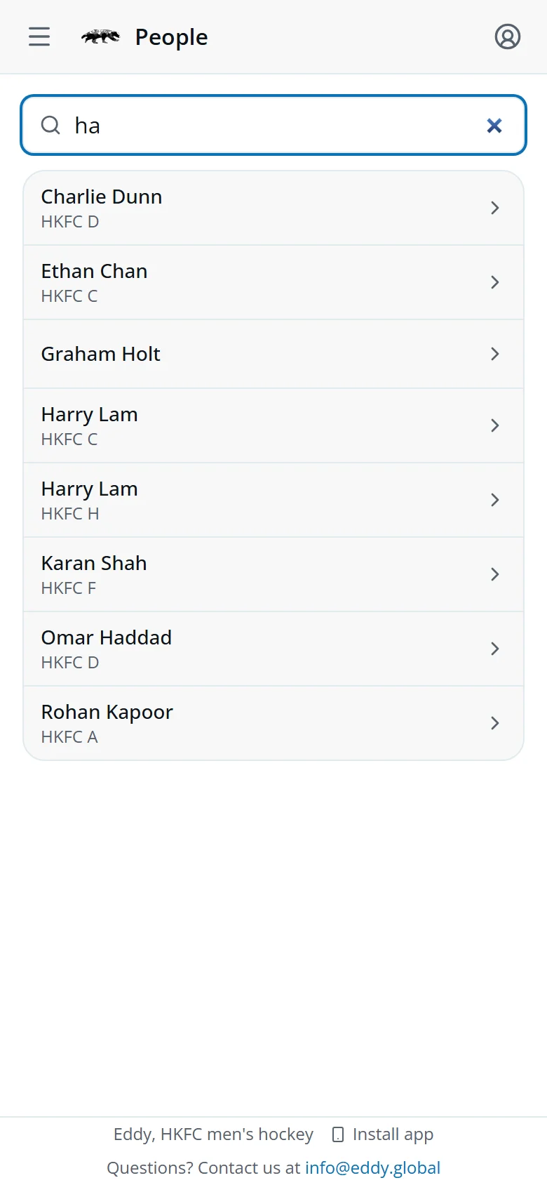 People: a search for ha listing eight people with their teams