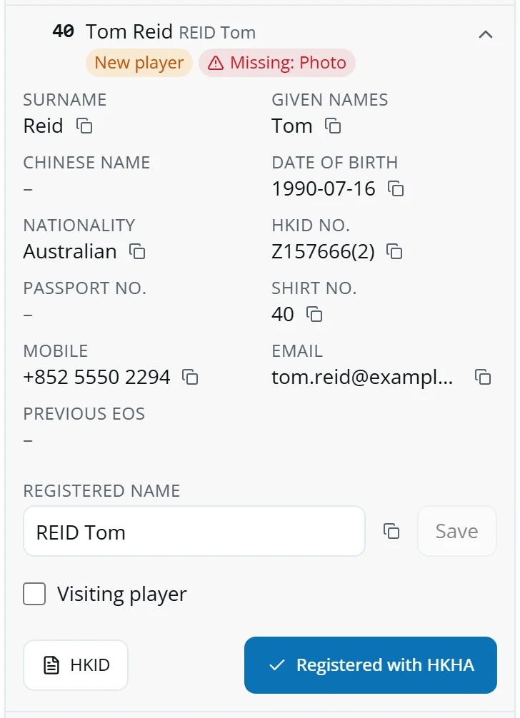 Tom Reid opened: surname, given names, date of birth, nationality, HKID, shirt number and contact details, each with a copy icon, and the Registered with HKHA button