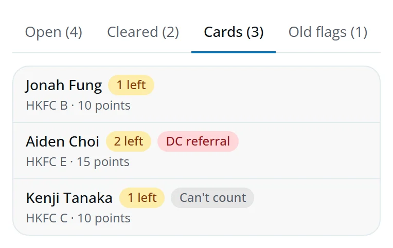 The Cards tab: three players with matches left, one with DC referral and one with Can't count