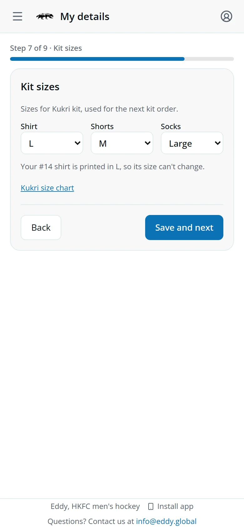 The Kit sizes step of My details with shirt, shorts and socks sizes