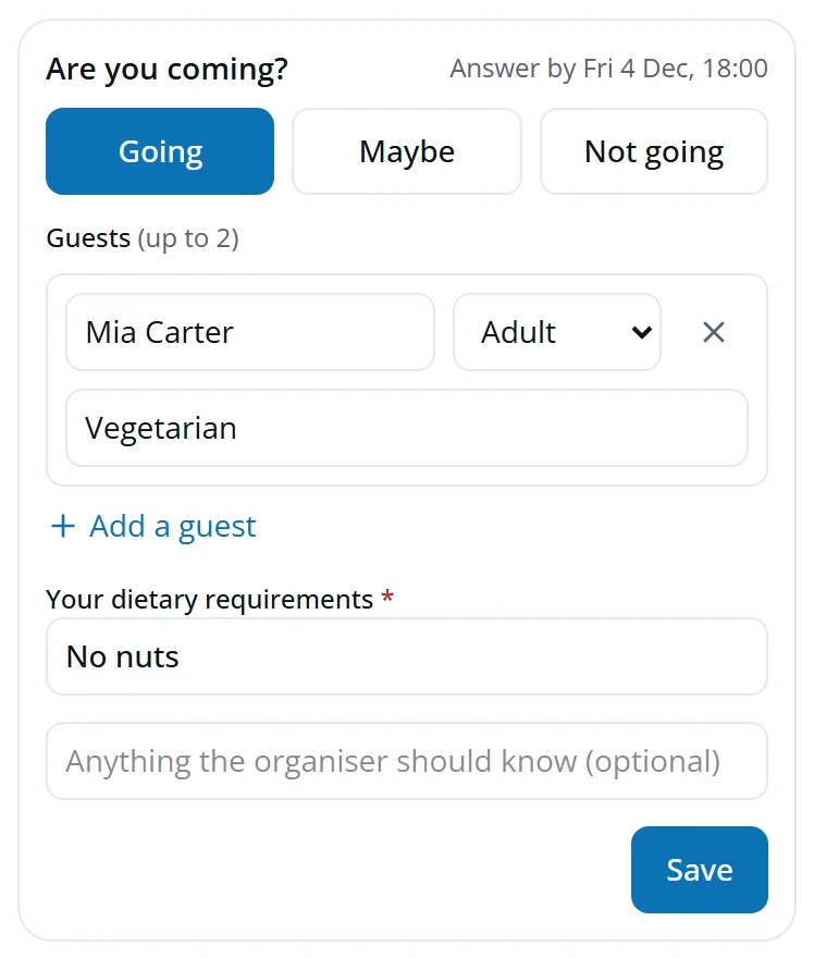 A member answering Going with a guest and her dietary requirements