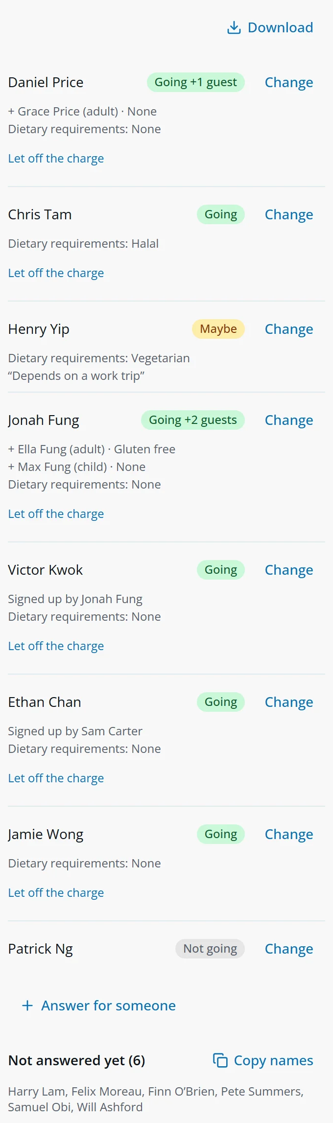 The answers list with guests, dietary requirements, signed up by, Let off the charge and Answer for someone