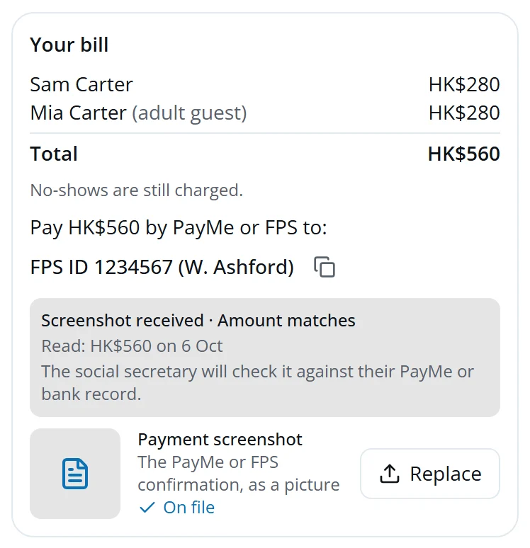 Your bill: the member and a guest, the FPS ID to pay, and the screenshot received