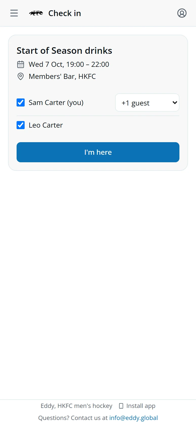 What a member sees after scanning: themselves and the son they signed up, a guest, and I'm here