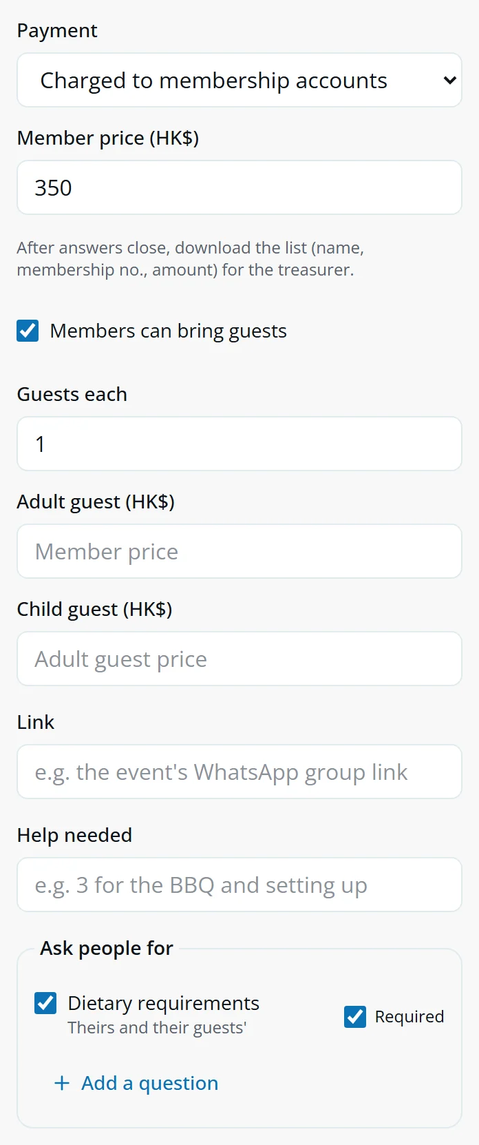 The form's payment set to Charged to membership accounts at HK$350, guests allowed, and Dietary requirements ticked as required