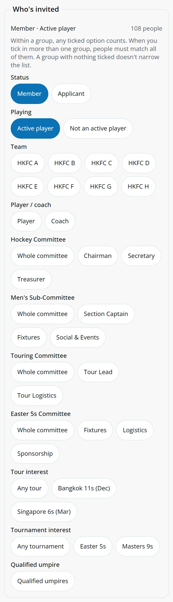 Who's invited: Member and Active player ticked, 108 people, with team, committee, tour and umpire groups