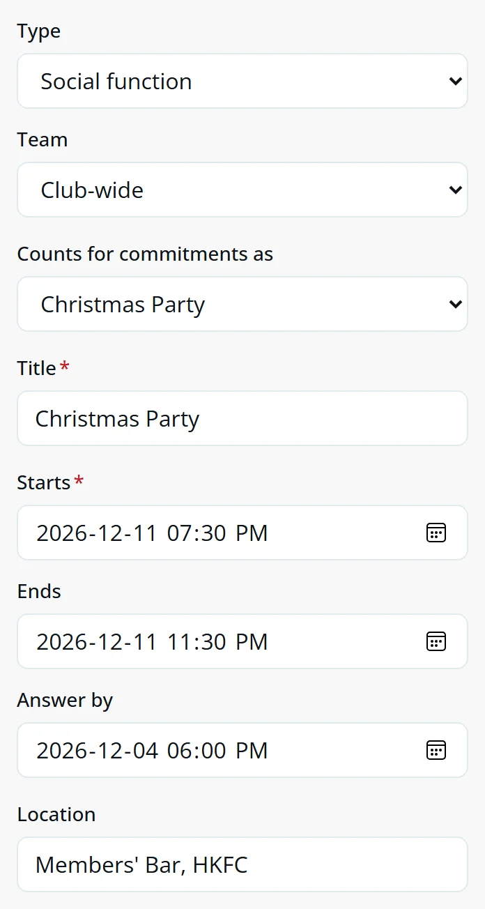 The new event form: type, team, counts for commitments as Christmas Party, title, start, end, answer by and location