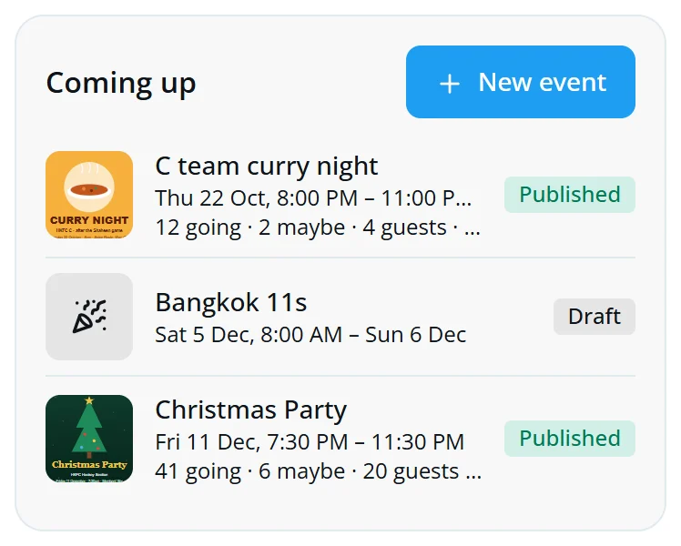 The events list on a phone