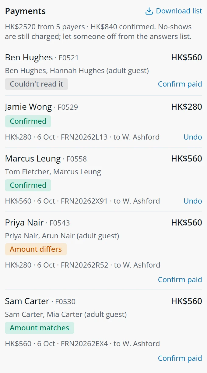Payments for a PayMe event: two confirmed, one amount differs, one amount matches, one that couldn't be read