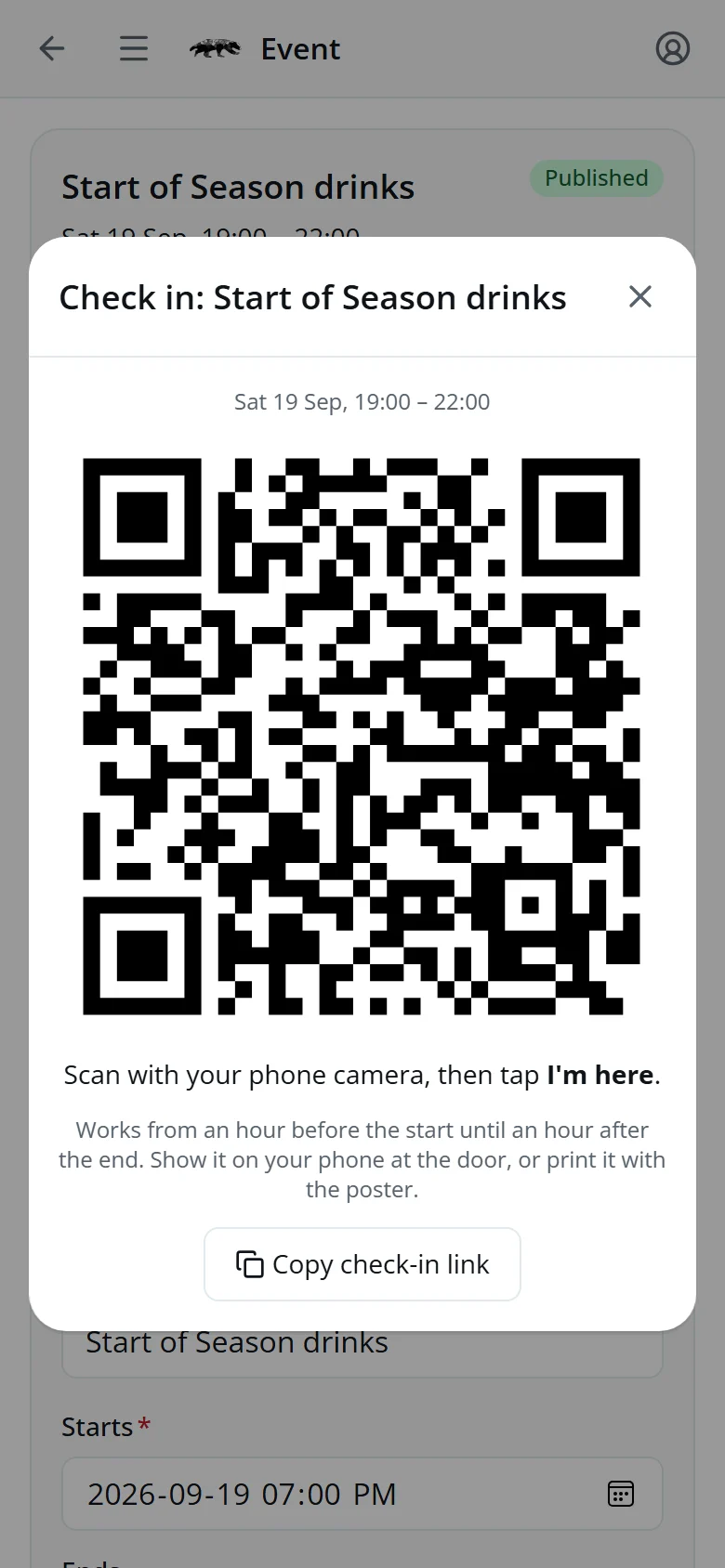 The check-in QR code for the Start of Season drinks