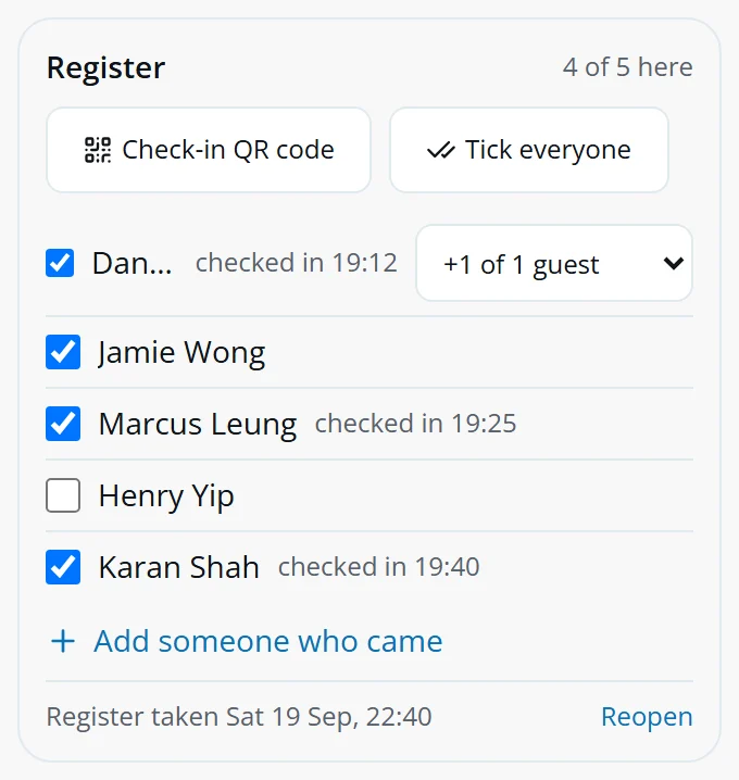 The register: four of five ticked, three checked in by QR code, one with a guest, and the register marked taken