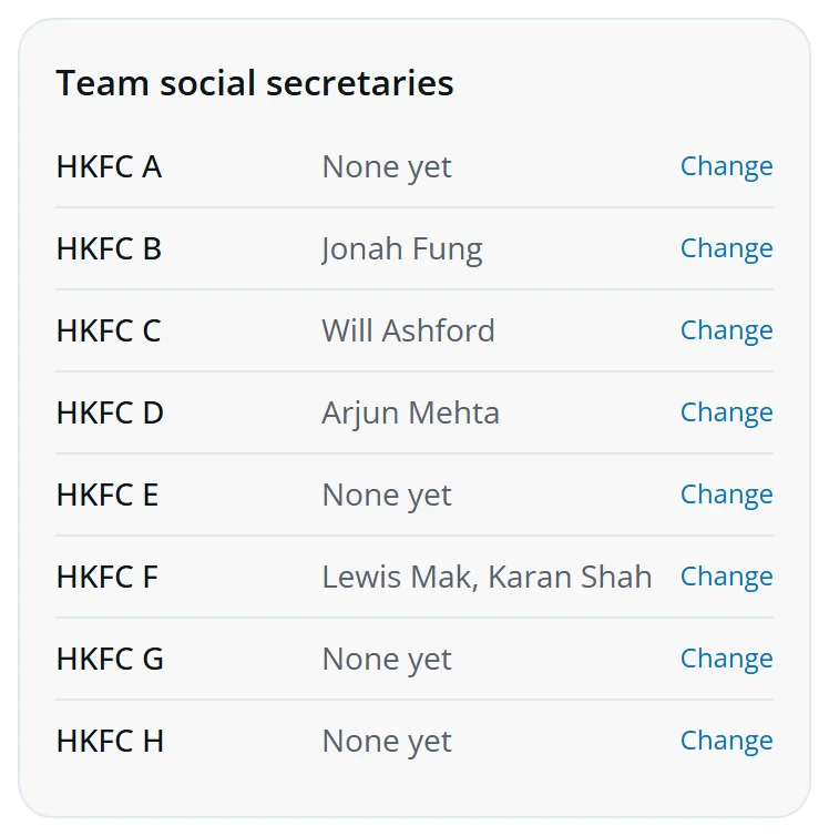 Team social secretaries: each team with its social secretaries and a Change link
