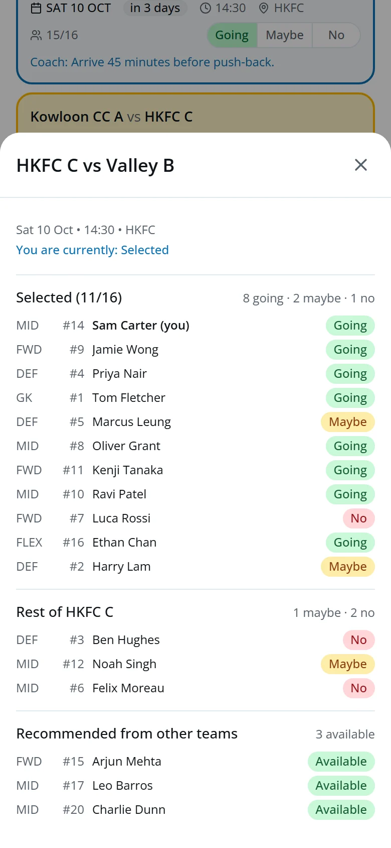 A fixture's sheet: the selected squad, the rest of the team and players recommended from other teams, each with their answer