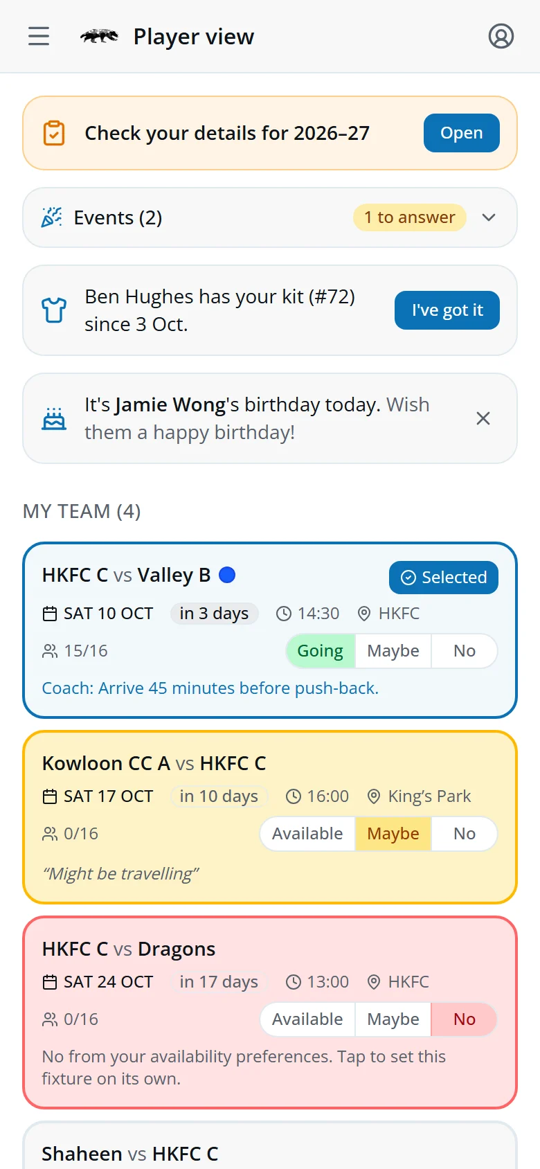 Player view on a phone