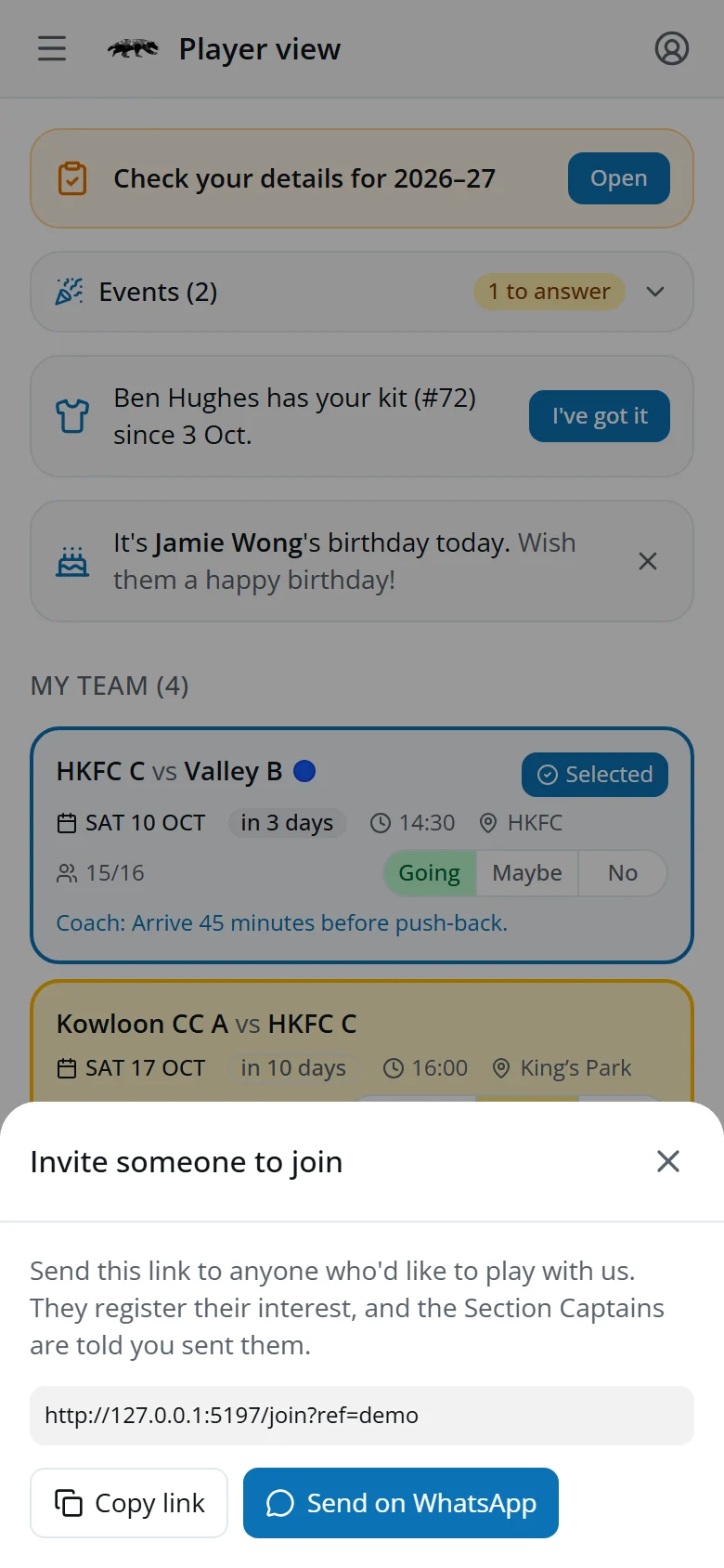 The Invite someone to join sheet with a link, Copy link and Send on WhatsApp