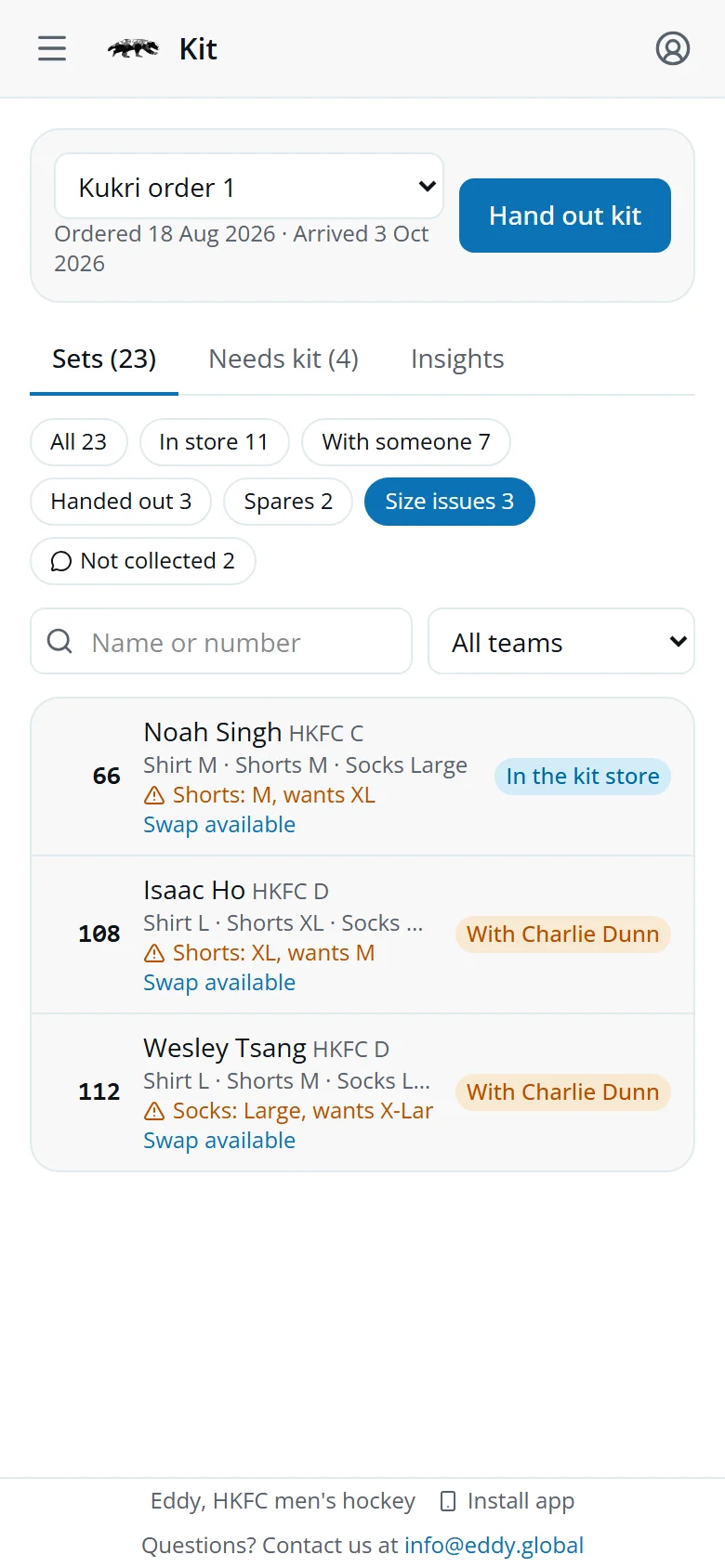 The Size issues filter showing sets whose owner wants a different size, with Swap available