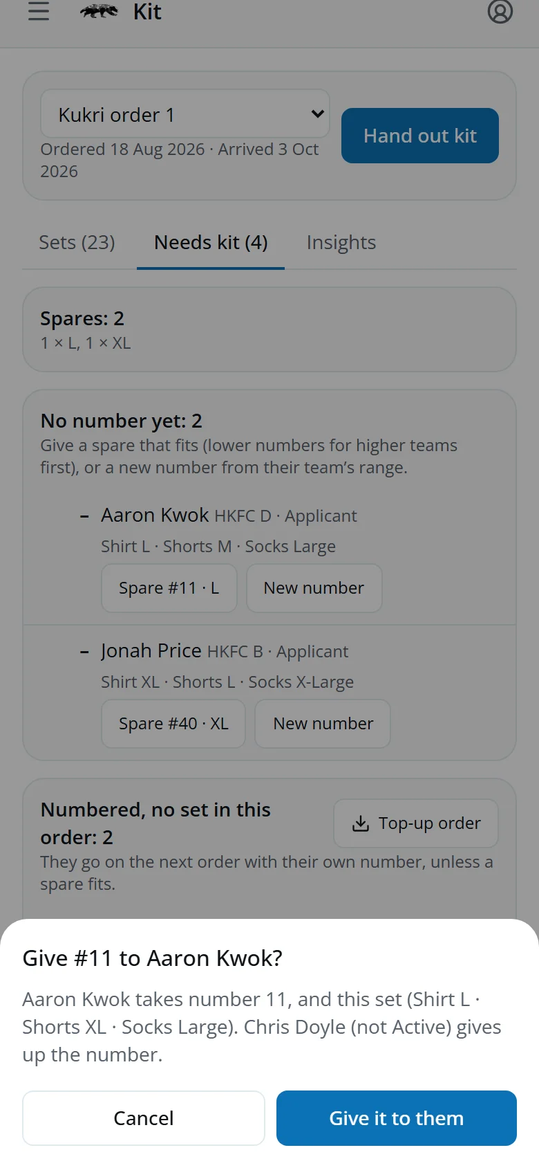 A spare set whose number is held by an applicant who isn't Active