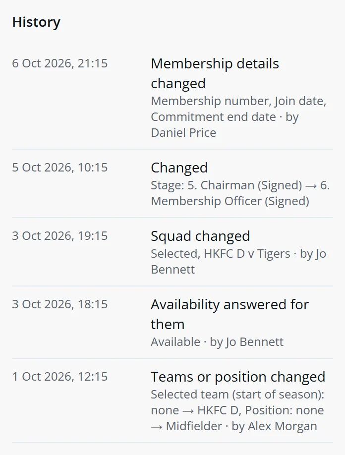Tom Reid's history: membership details changed by Daniel Price, a stage change, a squad change and availability answered by the coach