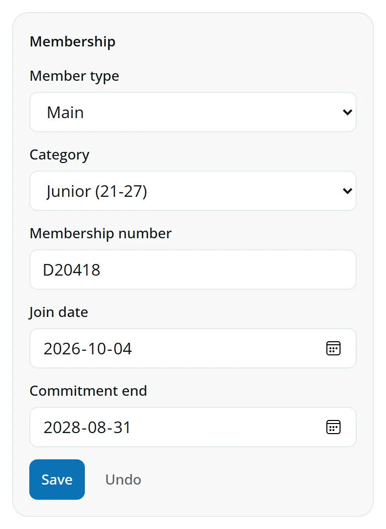 Tom Reid's Membership block with the membership number changed and the Save and Undo buttons