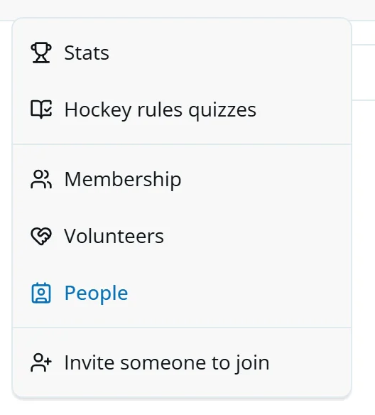 The menu open with Membership, Volunteers and People