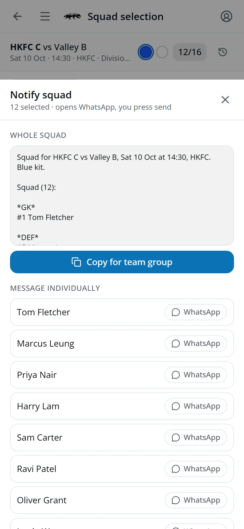 The Notify squad sheet: the whole-squad message, Copy for team group, and a WhatsApp button for each player
