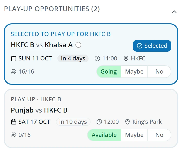 Play-Up Opportunities, including one where the player is selected to play up for the B team
