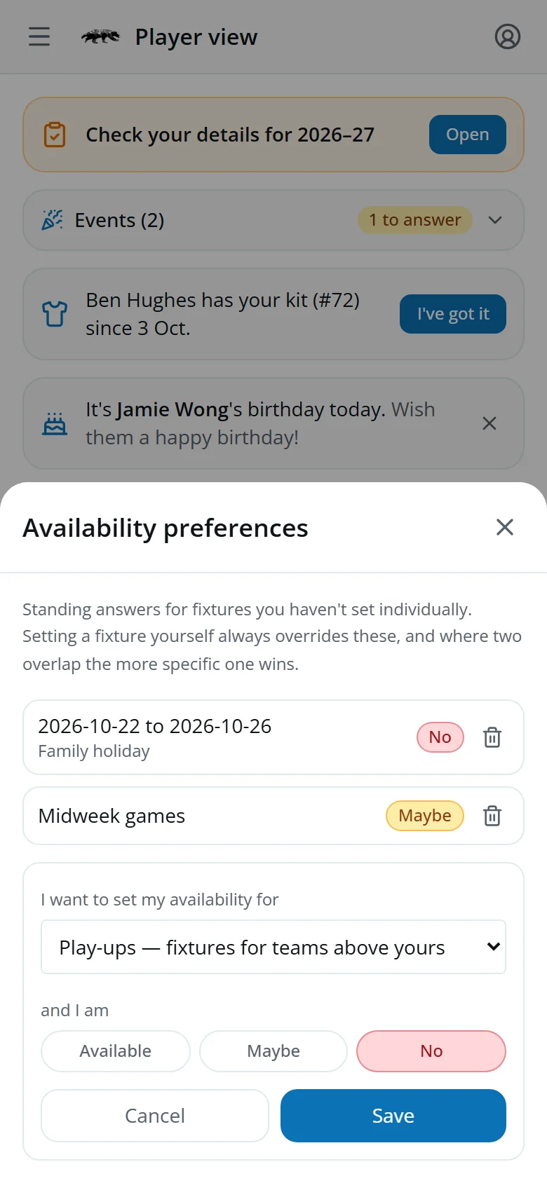 The Availability preferences sheet with a holiday date range, a midweek rule and the add-preference form