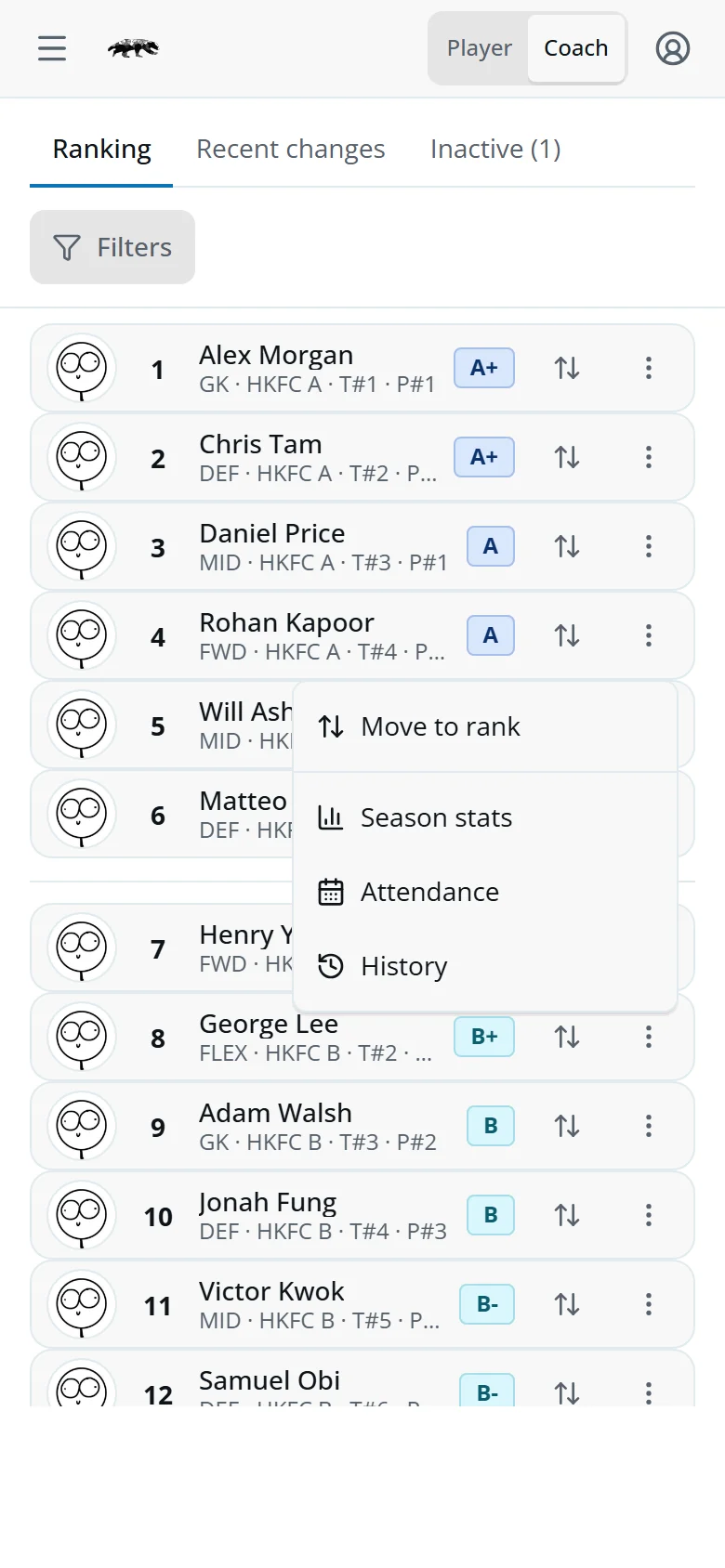 The row menu with Move to rank, Season stats, Attendance and History