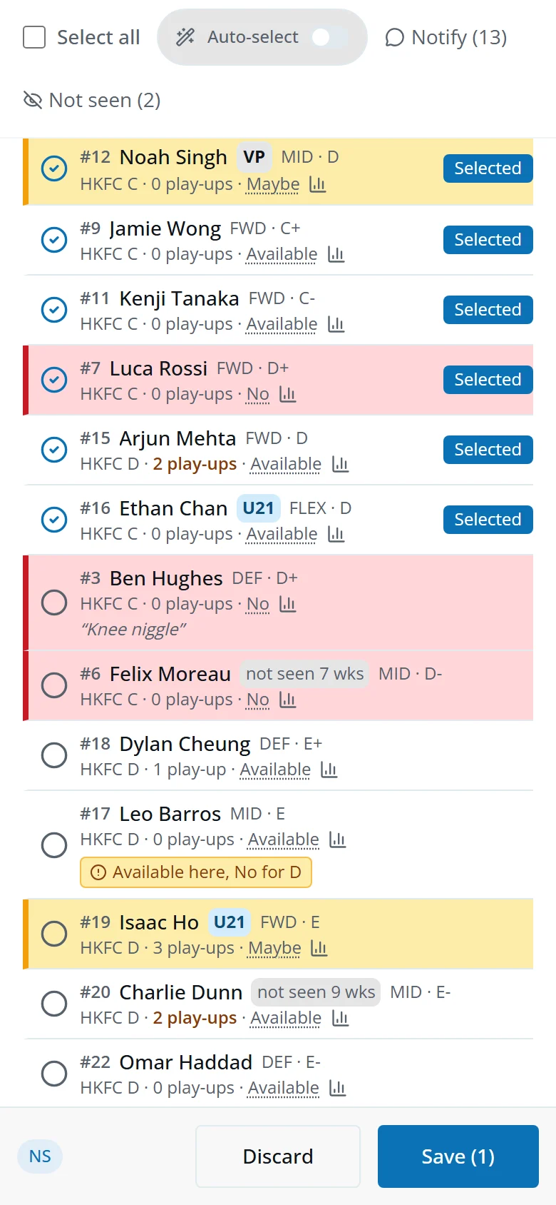The Discard and Save (1) bar at the bottom after selecting one more player