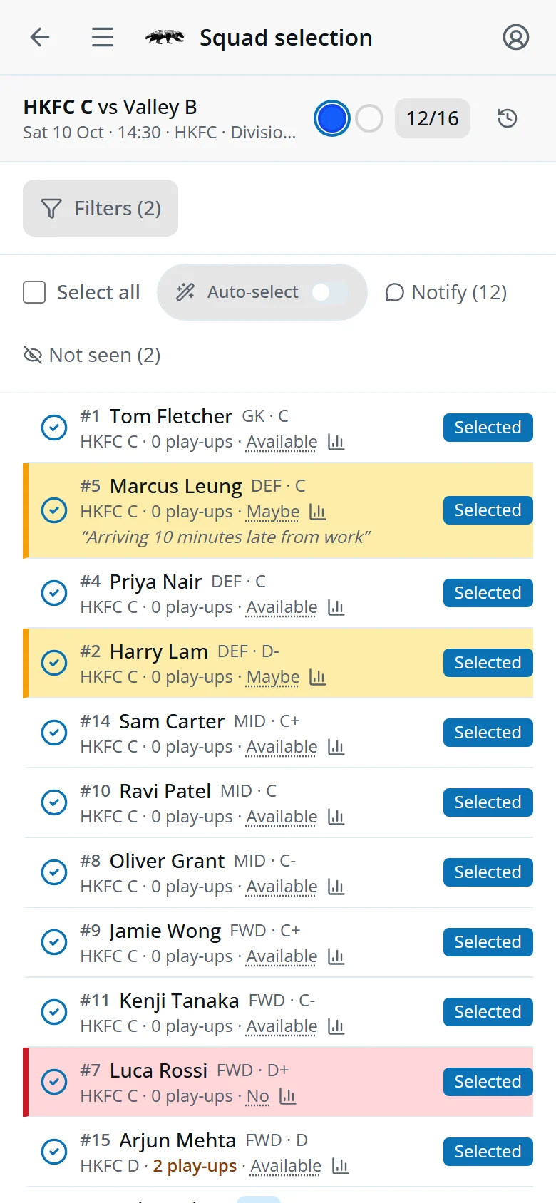 The squad page on a phone