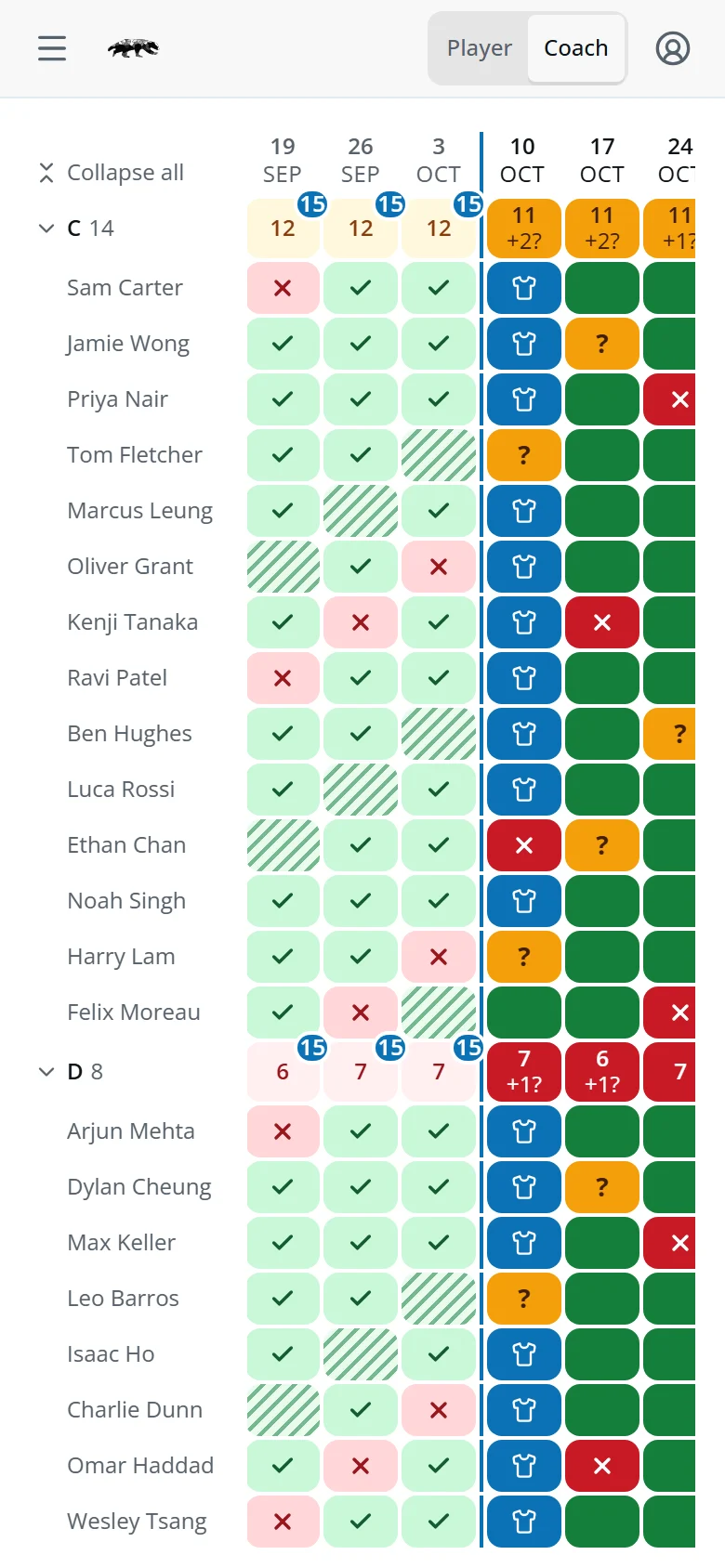Team availability for teams C and D, opened to each player, past weeks and the weeks ahead