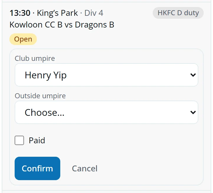An open slot with the assign form: Henry Yip chosen as club umpire, and the Paid tick box
