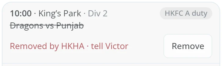 A game crossed out: Removed by HKHA, tell Victor, with a Remove button