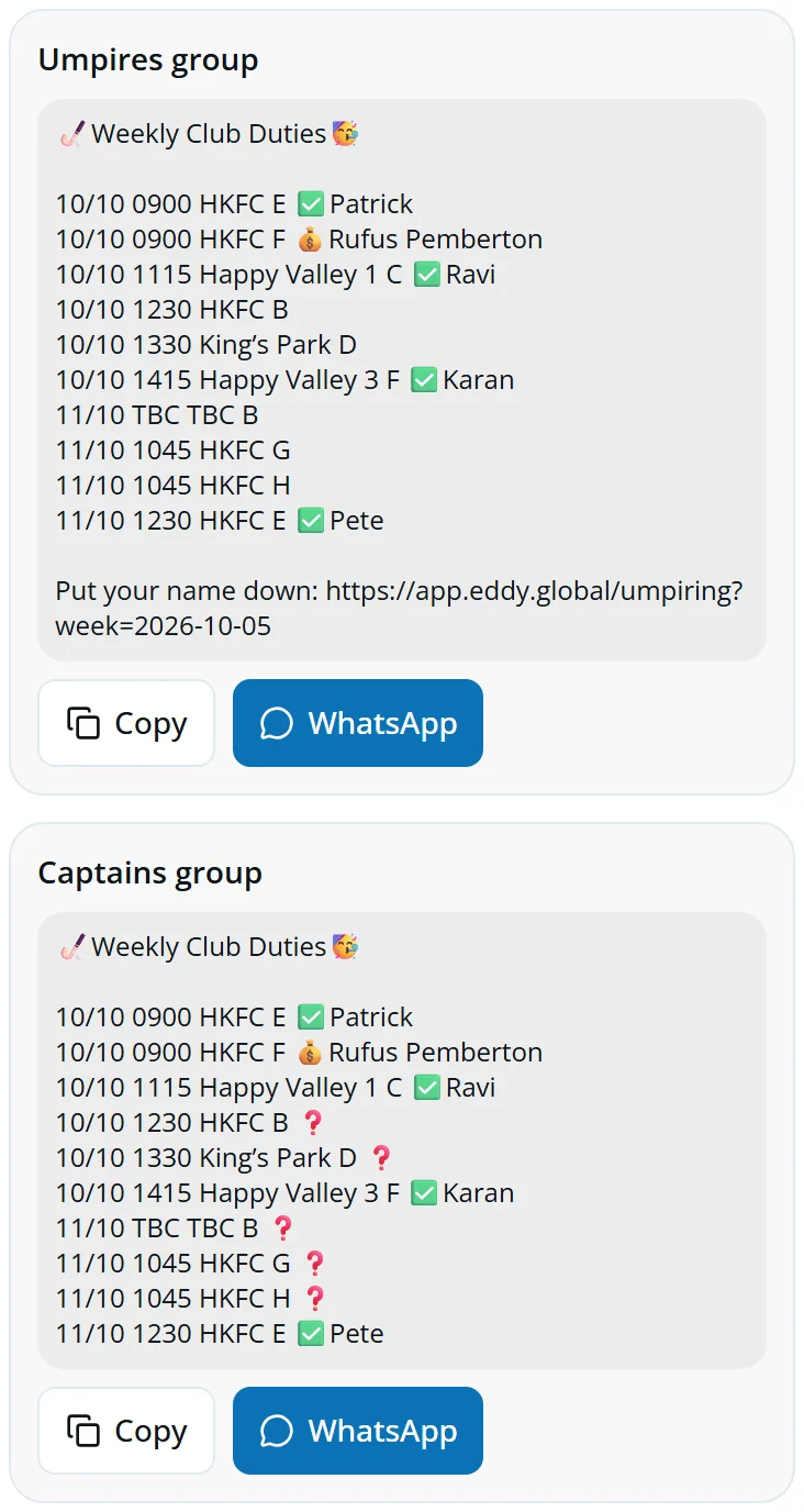 The Umpires group and Captains group messages, each with Copy and WhatsApp buttons