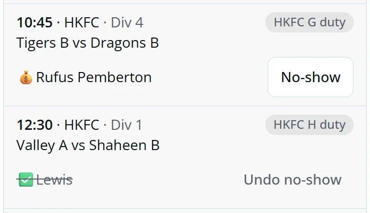 Last weekend's slots: one with a No-show button, one crossed out with Undo no-show