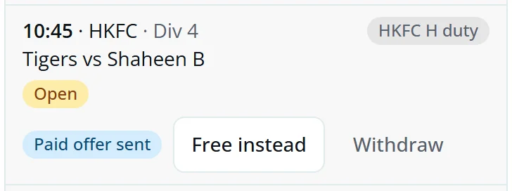 An open slot showing Paid offer sent, with Free instead and Withdraw